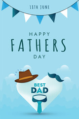 Happy Fathers Day. 18th July Happy Fathers Day banner or cover with hat mustache, shirt and tie. Dad wish banner. Father's Day poster or banner template with necktie and hat. Dad love for son daughter