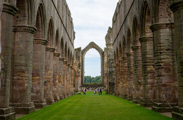 Symmetry of ruined Fountains Abbey Cistercian monastry. New Yorkshire, England, Great Britain, United Kingdom