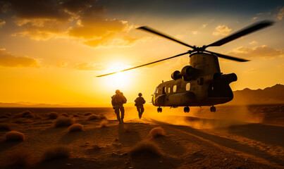 Fototapeta Military helicopter landing in the desert. Two soldier approaching the aircraft to go on board. Sunset at backdrop. Generative AI. obraz
