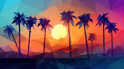 Fototapeta na wymiar Blue palm trees at sunset, colorful polygonal illustration. AI generated.