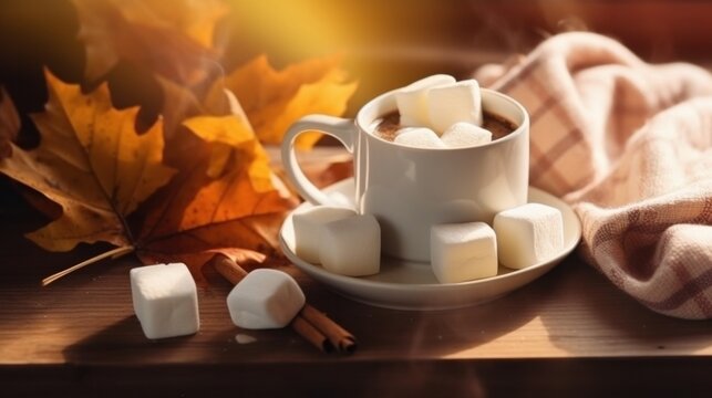 Cup of cocoa with marshmallow. Autumn composition with leaves. AI generated.