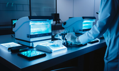 Technician working at the desk in the modern scientific laboratory. High-tech equipment in the biotechnical lab. Generative AI.