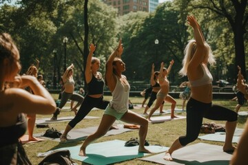 Candid photo of group of women practicing yoga together in Central Park, promoting wellness and connection, generative ai