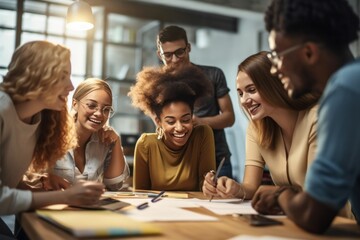 Group of young office workers collaborating and brainstorming in a modern office setting, fostering teamwork and innovative ideas, generative ai