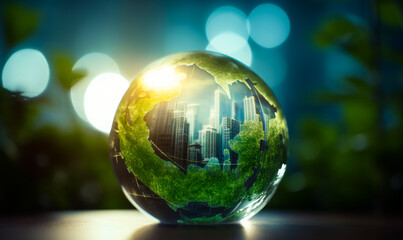Glass model of planet with green continents. Metropolis skyscrapers inside the globe. Blurred backdrop. Generative AI.