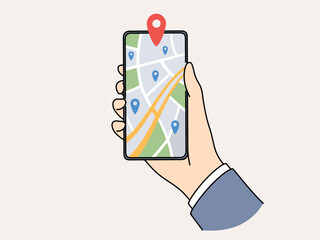Closeup of person holding cellphone with GPS pointer on digital map. Man with smartphone track location on virtual map on device. Vector illustration. Generative AI