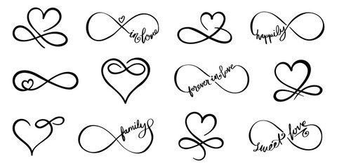 Set of black love infinity symbol. Infinite love with heart collection - obrazy, fototapety, plakaty