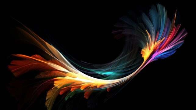 Colored abstract bird of paradise on a black background. AI generated.