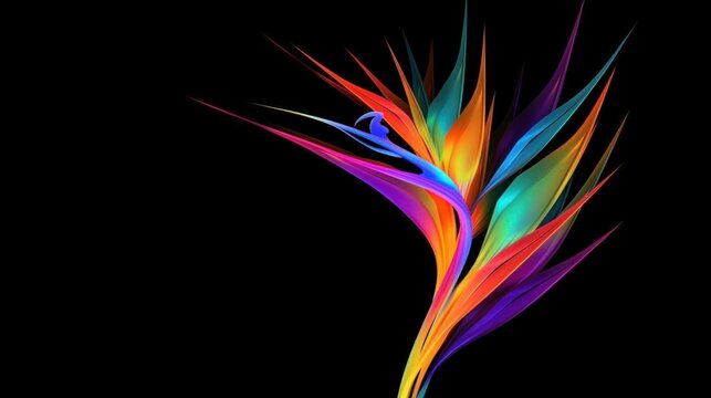 Colored abstract bird of paradise on a black background. AI generated.