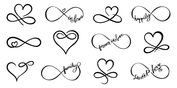 Set of black love infinity symbol. Infinite love with heart collection