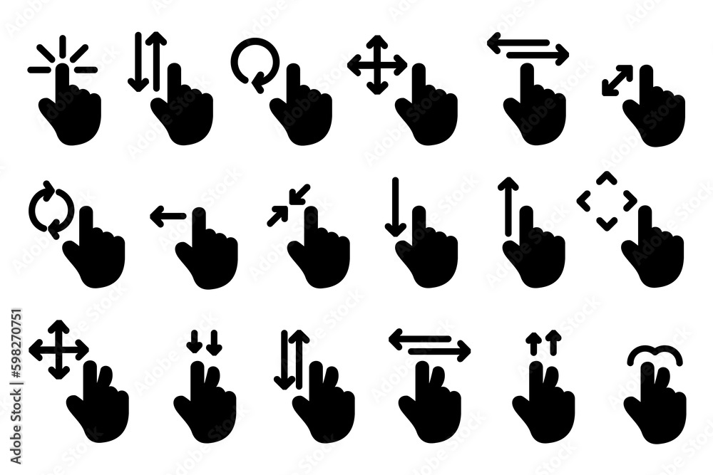 Poster Touch gesture click hand icons collection. Set of swipe hands