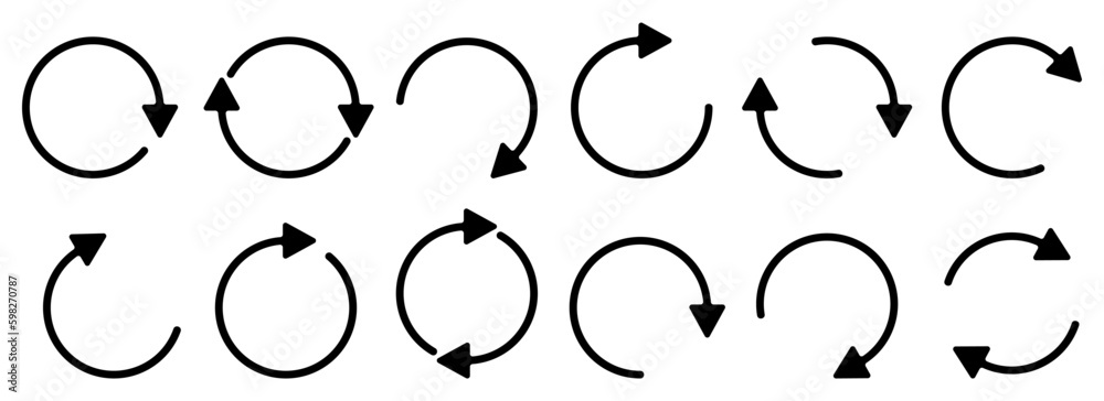 Poster black circular arrow icon collection. set of black update arrow