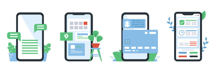 Set of mobile app frame. Chatting, calendar, payment, organizer phone app