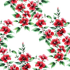 Red Barleria flowers with green leaves, floral seamless pattern, watercolor style, motif for print, fabric, wrapping paper, wallpaper design element, packaging, cosmetics, beauty Generative AI