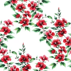 Rolgordijnen Red Barleria flowers with green leaves, floral seamless pattern, watercolor style, motif for print, fabric, wrapping paper, wallpaper design element, packaging, cosmetics, beauty Generative AI © Svetlana Moskaleva