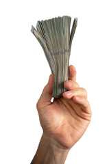 Hand holding dollar bills stack, money, bank notes, us banknotes isolated on white background