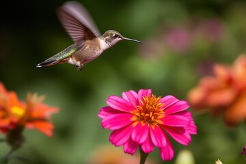 Fototapeta premium A hummingbird hovering in front of a flowe