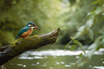 Fototapeta premium A kingfisher perched on a branch overhanging a rive