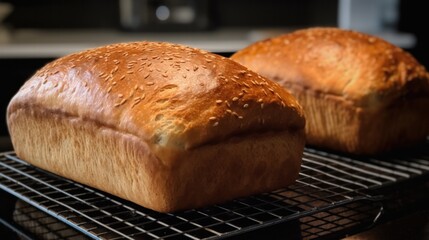 newly baked wheat bread. AI generative.