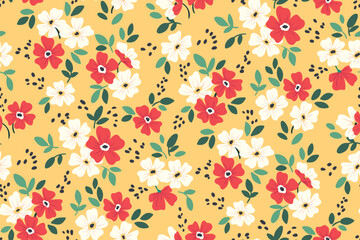 Seamless floral pattern, pretty ditsy print with rustic motif. Cute botanical fabric or paper design: abstract composition of small hand drawn flowers, leaves on yellow background. Vector illustration