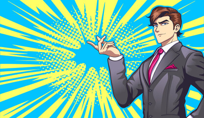 Man in a business suit in the style of manga and anime. Successful young businessman.