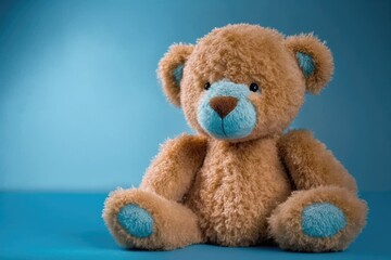 cute teddy bear sitting on a blue background. Generative AI Generative AI