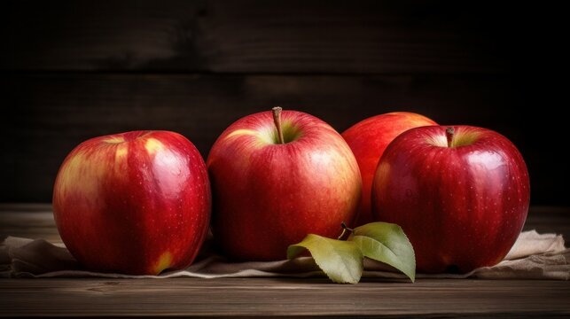 Ripe red apples on wooden background. AI generative.