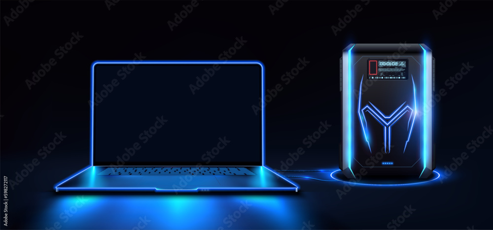 Aufkleber laptop isolate blank screen display mockup pc, front view. gaming pc computer glowing in dark. futri