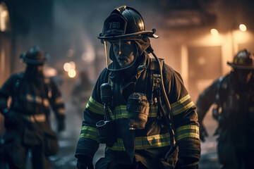 Fototapeta premium Brutal firefighter in uniform and safety helmet holding an oxygen mask and looking sideways with a confident look. Generative ai