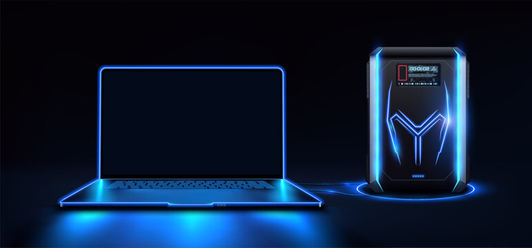 Laptop isolate blank screen display mockup pc, front view. Gaming PC computer glowing in dark. Futristic neon lights of electronic laptop. Vector illustration