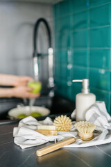 zero waste tools for cleaning dish at home kitchen, closeup