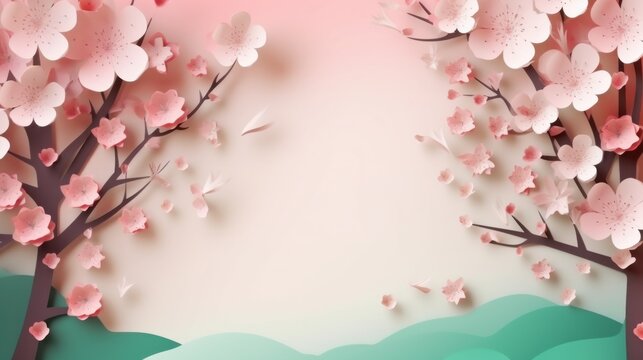 Spring time background. Cherry blossom trees frame on paper cut style. With blank space for text. AI generative.