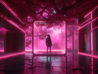 augmented reality or neon installation, a person in a bright scarlet room contemplating the light , generated by AI Generative AI - 598272500