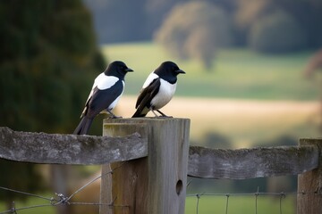 A pair of magpies sitting on a fence pos