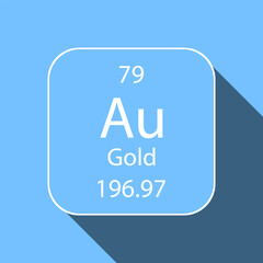 Gold symbol with long shadow design. Chemical element of the periodic table. Vector illustration.