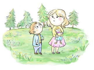 Kids are playing together in the park. Summertime . Younger brother and his older sister. Green grass, flowers and pine trees. Sunny day.  Holidays. School vacations.