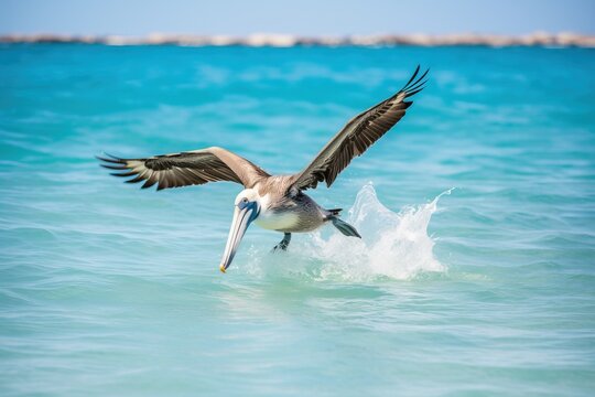 A pelican diving into the ocean to catch fis