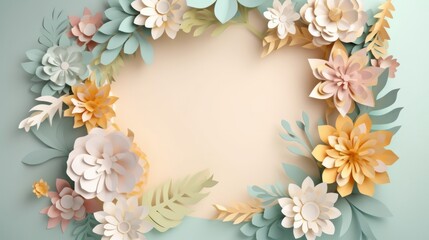 Spring paper cut style flowers frame on paper background. With blank space for text. AI generated.