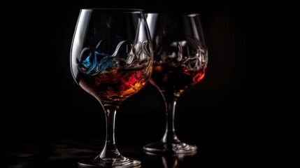 Two wine glasses on dark background. AI generated.