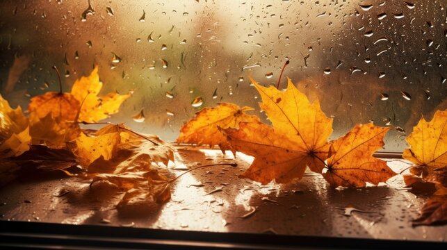 autumn background. autumn leaves on rainy glass texture, bright abstract natural backdrop. concept of fall season. rainy day weather. AI generated.