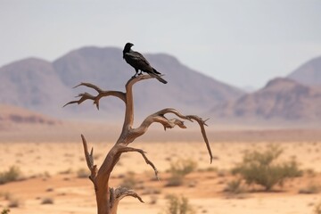 Naklejka premium A raven perched on a barren tree branch in a desert landscap