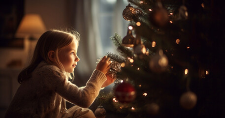happy little girl decorating christmas tree at home, winter holidays, charity and people concept Merry Christmas Holiday concept