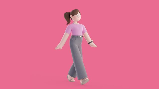 3D character loop animation with pink background, Asian female walking