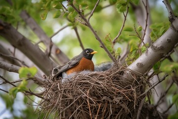 A robin sitting on a nest with eggs in a tre