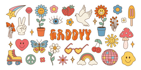 Groovy hippie set of 70s 80s elements. Vector illustration in vintage style, flower, rainbow, heart, mushroom