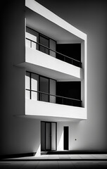 Black and white image of the balconies on an apartment block. Generative AI.