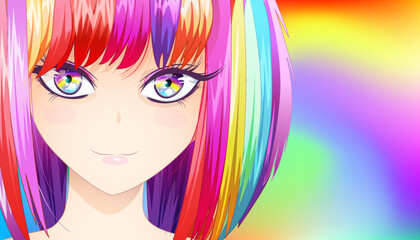 Sweet girl with rainbow hair in manga style.