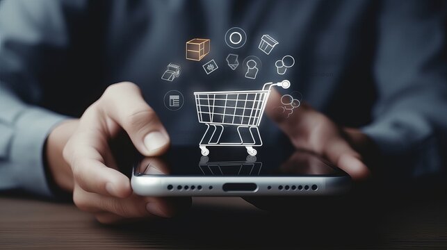 Hand of young business using smart phone with shopping cart icon, Online shopping and e-commerce concept, online shopping concept, cart with card, shopping cart with credit, Generative AI