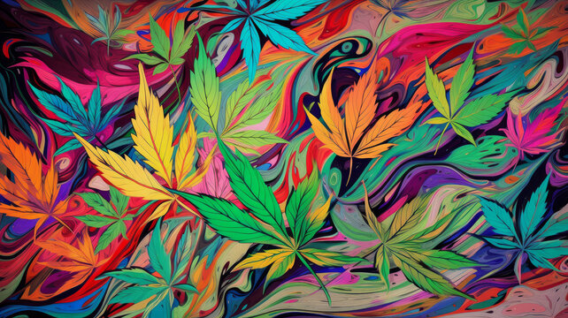 Bright colorful cannabis psychedelic background. AI generative