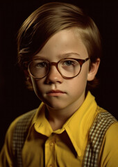 Fototapeta na wymiar Retro Portrait of a Young Boy wearing a Yellow Shirt-1980's Fashion-Generative AI